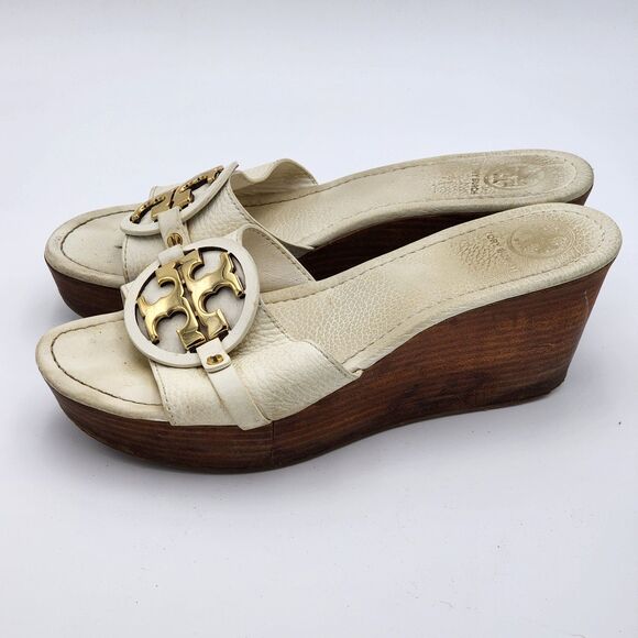 Tory Burch Selma White Leather Wedge Slides Sandals Size 10 - Picture 4 of 12